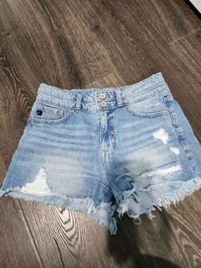 KanCan Light Wash Distressed Denim Shorts with Frayed Hem